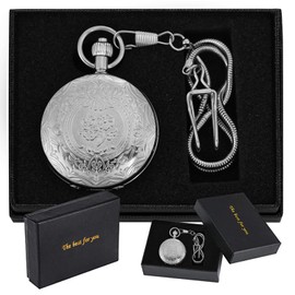 Tiong Vintage Unique Hollow Mechanical Steampunk Pocket Watch with Chain Skeleton Roman Numerals Pocket Watches for Men Gifts & Box, 143 silver, Retro