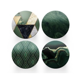 4 x Round Art Deco Coasters - Green Agate Marble Effect Set Theme Women House Warming Circle Drinks Kitchen Decoration Décor Gift #80168