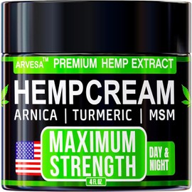 Hemp Cream Maximum Strength with Glucosamine, Arnica, Turmeric, MSM - Natural Hemp Oil Gel Rub - Fast Absorption, Non-Greasy - Advanced Formula - Formulated in USA - Menthol Scent - 4 FL OZ