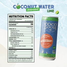 CocoGoodsCo Antioxidant Coconut Water, Lime – 35mg Natural Caffeine, 0g Sugar, 10 Calories, with Green Coffee & Vitamin E – 8.11 fl oz Cans (12 Pack)