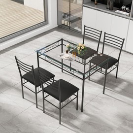 NAFORT 5-Piece Dining Table Set for 4, Modern 3/8'' Tempered Glass Kitchen Room Table with 4 Upholstered Dining Chairs, Space-Saving Dinette Tables with Metal Frame for Apartment, Office