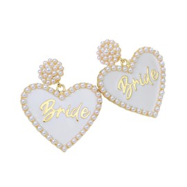 Love Heart Bride Earrings for Women Imitation Pearl Beaded Heart Earrings Bride Beauty Letter Statement Dangling Earrings Shiny Rhinestone Wedding Bridal Jewelry-White