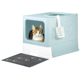 Covered Cat Litter Box, No Leakage Foldable Kitty Litter Box with Litter Mat and Scoop, Front Entry Top Exit Kitty Litter Box, Easy Cleaning Enclosure Cat Litter Box