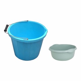 Set of 3 Gallon Bucket 14L Plastic Bucket with 5L Round Bowl 28cm Plastic Bowl – Plaster Builder Bucket Tub Trugs Horse Feeder with Washing Up Bowl Integral Handles Home, Kitchen (Blue, Silver Sage)