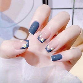 Lifextol French Tip Press on Nails Short Coffin Fake Nails with Adhesive Tabs, 24pc Stick on Nails Press ons for Women Girls, Blue Press on Nails French Tip with Flower