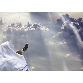 CORFOTO 7x5ft Fabric Jewish Man Blowing Shofar Horn Backdrop White Tallit Man Rosh Hashanah White Cloud Background for Photography Judaism New Year Supplies Photoshoot Booth Studio Props