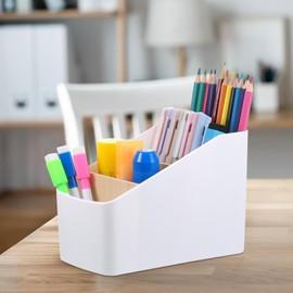 Zocipro Desk Organiser, Pen Organiser, Writing Utensil Compartment, Office Pen Holder, 4 Compartments, Bamboo Office Organiser, Storage Box, Desk Organiser for Pens, Cosmetics, Sticky Notes (White)