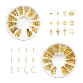 WELANE Metal Nail Decoration, 2 Boxes Metal Nail Studs Cross Star Line Nail Charm Kit for 3D Nail Art Jewelry Decoration (Gold)