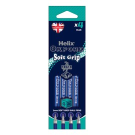 Helix Oxford Soft Grip Ballpoint Pens (x4 Pack Blue Ink) with Plastic Free Packaging, 227010
