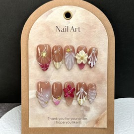 10Pcs Handmade Press on Nails Medium Almond Fake Nails with 3d Designs Gold Beads Sun Star Rhinestones Glue on Nails Fall Acrylic Nail Tips Flower False Nail French Tip Stick on Nail for Women