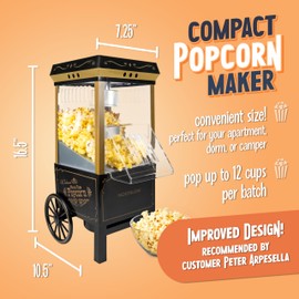 Nostalgia Vintage Hot-Air Popcorn Maker Machine - Makes Up to 12 Cups - Oil-Free - Healthier Popcorn - Classic Stand-Up Cart With Wheels - Includes Kernel Measuring Cup - Black