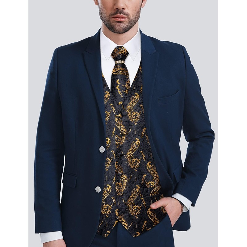 DiBanGu Black Gold Vest and Tie Set for Men Suit