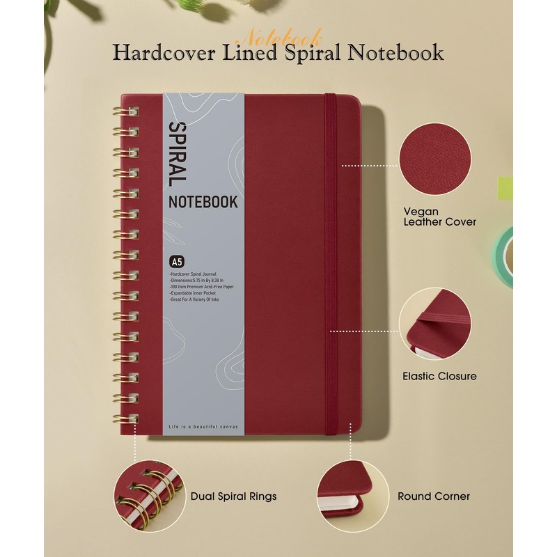 Lined Spiral Journal Notebook, A5 Hardcover Spiral Journals for Women