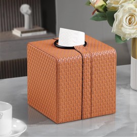 MEIBOOCH Square Tissue Box Cover with Magnetic Closure, Luxury PU Leather Tissue Holder for Bathroom, Countertop, Office (Orange)