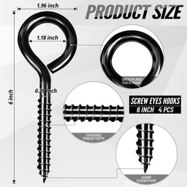 ZAUGONTW 4PCS 6 Inch Heavy Duty Screw Eyes Hooks, Self Tapping Eyelet Screws Eye Bolts, 800LBS Breaking Strength, Screw in Eye Hooks for Wood Securing Cables Wire