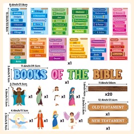 BeYumi Bible Learning Bookshelf Cutouts - 110Pcs Back to School Books of The Bible Learning Bulletin Board Set Faith Religious Christian Vacation Bible School Sunday School Classroom Chalkboard Decor