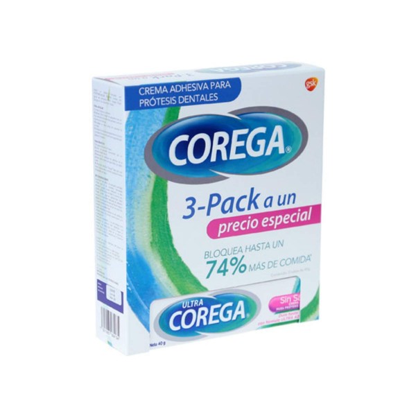 Corega - Crema Adhesiva para Prótesis Dentales Ultra Corega Crema 3 Piezas de 40grs