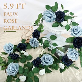 DIYDOFUN Pack of 2 Artificial Rose Garlands, 5.9 FT Flower Floral Vine for Wedding Arch Aisle Mantle Table Runner Centerpieces Backdrop Patio Decorations - Navy & Dusty Blue
