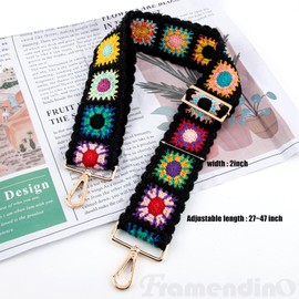 Framendino, Crochet Flower Purse Straps Replacement Crossbody for Handbags Black Adjustable Flower Bag Strap 2 Inch Wide Adjustable Bag Strap