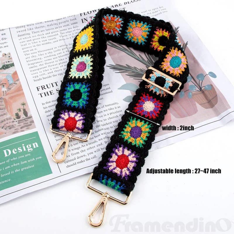 Framendino, Crochet Flower Purse Straps Replacement Crossbody for Handbags Black