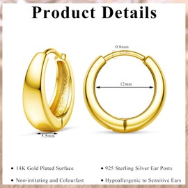 Dochais 14K Gold Hoop Earrings for Women, Hypoallergenic Huggie Earrings, Small Chunky Golden Hoop Earrings with Cubic Zirconia for Cartilage Piercings, Jewellery Gifts for Women, Brass