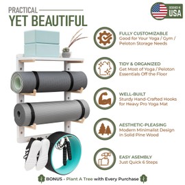 Yoga Mat Holder Wall Mount Home Gym Storage Rack - Fully Adjustable Wooden Yoga Mat Organizer Gym Shelf for Foam Roller Workout Equipment Storage, Peloton Fitness Accessories, and Yoga Gifts