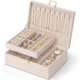 Vlando 2 Layer Jewelry Box Large Jewelry Organizer for Women Removable Jewelery Tray with Watch Pillow for Necklace Earrings Rings Bracelets Jewelry Boxes for Wedding Gifts Bride Gifts(Apricot White)