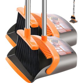 2-Pack is More economical,Upgraded Broom and Dustpan,with 52" Long Handle, Dustpan Teeth with self-Cleaning Function, Indoor and Outdoor Sweeping, Perfect for Home Office (Large Size/Orange /2-Pack)