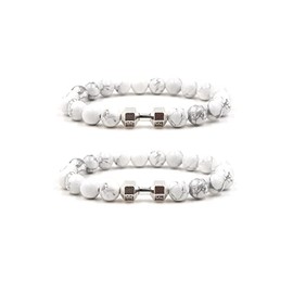 Atiptu Dumbbell Bracelets for Men Women Natural Stone Dumbbell Beads Bracelets Train Tough Dumbbell Bracelet Gym Bracelet Fitness Barbell Jewelry Gifts (Silver+Silver)