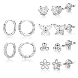 ASH'S CHOICE 925 Sterling Silver Earrings for Women, 6 Pairs Sterling Silver Huggie Earrings Small Studs Earrings Set, Silver Huggie Earrings Mini Tiny Flower Ball Studs Studs with Zirconia Diamond