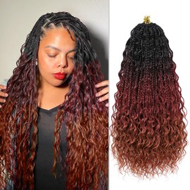 LIYATE Goddess Crochet Braids 24 Inch 7 Packs 3 Tone Ombre Black Burgundy Ginger Boho Box Braids Crochet Hair with Curly Ends Pre Looped & Pre Twisted Crochet Braiding Hair for Women, 1B/530/350