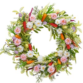HUAESIN 22 Inches Easter Wreaths for Front Door, Easter Carrot Wreath with Pastel Eggs Flowers Spring Door Wreath with Berries Indoor Outdoor Artificial Colorful Flowers and Leaves for Wall Window