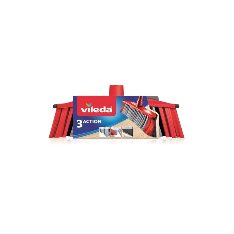Vileda 3Action Indoor Broom with 3 Different Bristles, Red -
