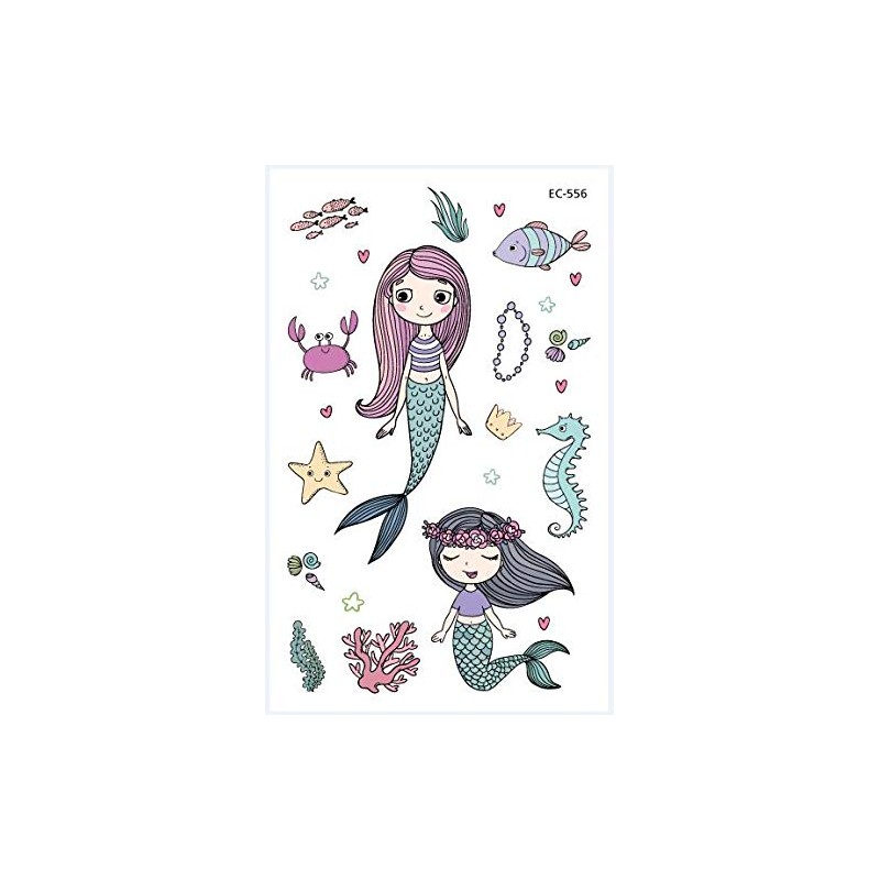 PowerTRC Temporary Tattoos Mermaid Cartoon For Kids, 12 Sheets Set,