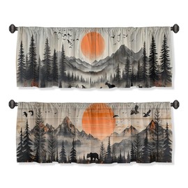Forest Curtain Valance for Windows 2 Pack Orange Sun Vintage Deer Bear Bird Rod Pocket Window Treatments Short Curtains for Kitchen Windows Bathroom Bedroom 54x18 Inch
