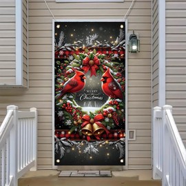Saoplasa Christmas Cardinal Door Cover Decoration 71 x 35 Inch Winter Buffalo Plaid Wreath Banner with Red Bird Bell and Snowy Pine Design for Holiday Party Welcome Sign Wall Backdrop