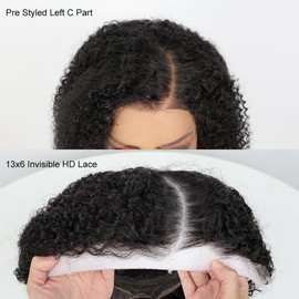 BLY C Part Afro Kinky Curly Bob Wigs 13x6 HD Lace Front Wig 16 Inch Human Hair Glueless Wig Side Part Pre Plucked for Women Natural Black Color 180 Density