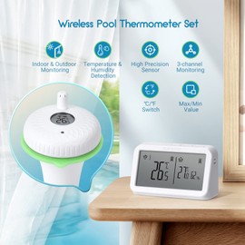 INKBIRD IBS-P02R Wireless Pool Thermometer, Floating Pool Thermometer with Indoor Temperature and Humidity Monitor, Large Screen, IPX7 Waterproof, for Pool, Hot Tub, Pond