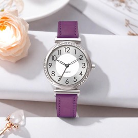 NUOVO Women's Watch Ladies Quartz Watch with Crystal Accents Purple Leather Band Silver Dial