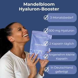 Hyaluronic Booster • High Dose Hyaluronic Acid 500 mg • Test Winner • 180 Capsules for 3 Months • High Bioavailability 800 kDa • With Vitamin C, B12, Biotin, Selenium • Laboratory Tested • Vegan • Made in Germany