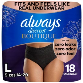 Always Discreet Boutique Incontinence and Postpartum Underwear for Women, Maximum Protection, Large, Black, 18 Count