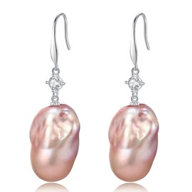 YAMI Pink Pearl Earrings with Cubic Zirconia Crystal, Sterling Silver Dangle Earrings, Freshwater Baroque Pearl Earrings Hypoallergenic Jewelry for Women, Wedding, Anniversary & Birthday Gift