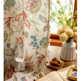 YJ YANJUN Jacobean Floral Curtains for Bedroom 2 Panels Colorful Boho Linen Blend Tassel Drapes Farmhouse Light Filtering Botanical Window Curtain Panels Pair Spring/Summer Decor W50 x L63 Multicolor