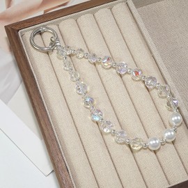 QATYYY Sparkle Crystal Pearl Phone Wrist Strap for Women, Sparkling Beaded Cellphone Lanyard Chain, Bling Glam Wristlet Bracelet, Fashion Phone Accessory Gift (White)