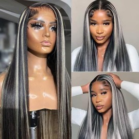Ubetta Balayage Grey Highlights Lace Front Wigs Human Hair Ombre Black Glueless 13x6 Lace Front Wigs Human Hair Pre Plucked 30 Inch 180% Density Transparent HD Lace Front Wigs for Women