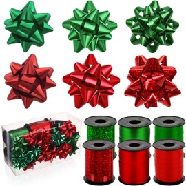 24 Pieces Valentine Bows Gift Wrapping Bows Assortment and 6 Rolls of Metallic Ribbons for Valentine Holiday Party Favors Decor Supplies(2 Inch,Stylish Colors Set)