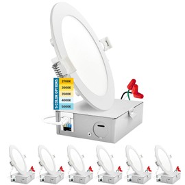 SUNPERIAN 6 Inch Ultra-Thin LED Recessed Lighting with Junction Box, 5 Color Options 2700K/3000K/3500K/4000K/5000K, 12W, 1000 Lumens, Dimmable Wafer Lights, Wet Rated, IC Rated, ETL Listed (6 Pack)