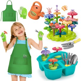 deAO Kids Gardening Play Set, 57 Pieces with Tools, Apron and Gloves, Pink (Green)