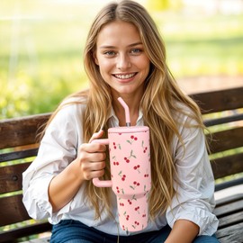 OEUFSEEE Cherry Tumbler with Straw and Lid Vacuum Insulated 40oz Pink Stainless Steel Cup Gifts for Women Birthday Present Cherry Water Bottle Coffee Cup for Home or Travel