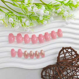 Pink Press on Nails Short Coffin Fake Nails Glitter Glue on Nails Full Cover Nails Press ons Daily Wear Simple Acrylic Nails Glossy False Nails Artificial Stick on Nails for Women 24Pcs